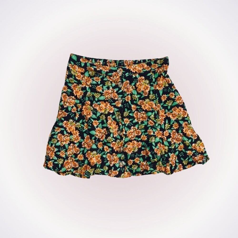 LA Hearts Orange and Black Floral Buttoned Skirt | Sz S